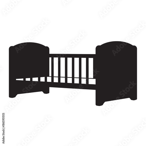 Minimalist black and white baby cot icon vector illustration for nursery furniture and newborn baby care branding.