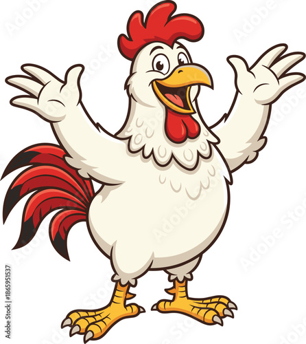 Happy cartoon rooster chicken character smiling with open wings isolated on white background vector illustration mascot design for kids branding