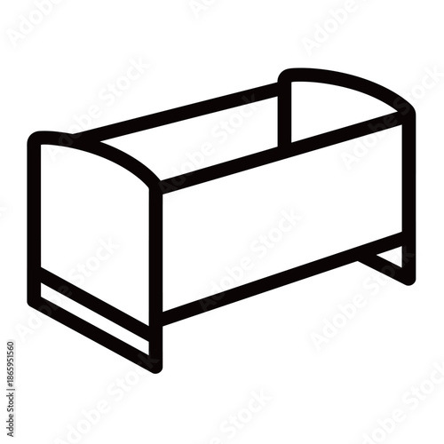 Minimalist black and white baby cot icon vector illustration for nursery furniture and newborn baby care branding.