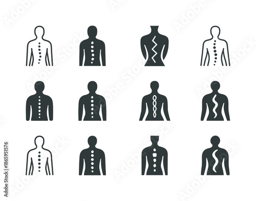 Postural Alignment Icons. Postural alignment. Icon set. Set Logo of Postural alignment: spinal column. harmonious logo variations of the same emblematic