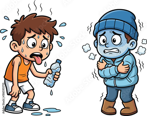 Hot and cold weather cartoon kids temperature contrast illustration sweating freezing children vector isolated educational climate concept design for learning