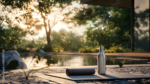 Stainless Steel Water Bottle and Yoga Mat by a Tranquil Pool in Nature at Golden Hour, Mindful Retreat.
