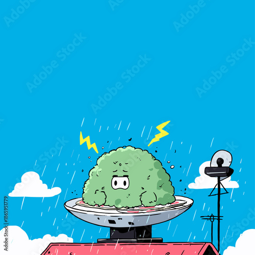Cartoon UFO with Stormy Background and Whimsical Character