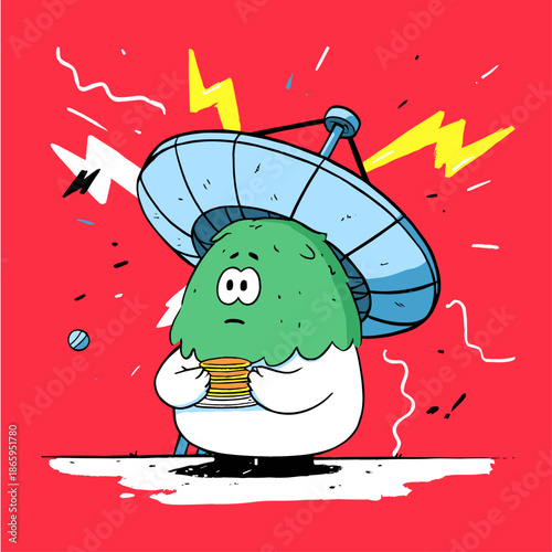 Cartoon UFO with Stormy Background and Whimsical Character