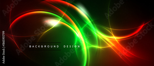 Vibrant abstract design features flowing neon curves. Red, green, yellow lights blend against dark backdrop. Modern, energetic visual.