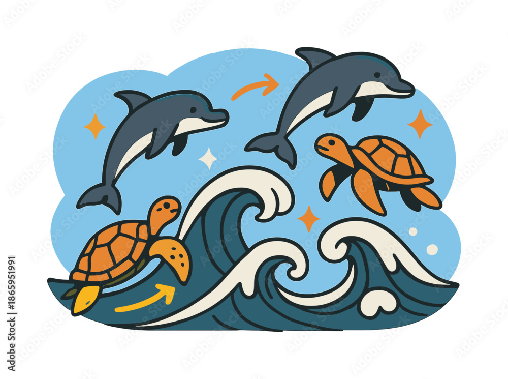 Obraz premium Oceanic Harmony. Waves and wildlife. Sea turtles and dolphins leap between stylized wave arcs under a clear blue sky. Arrows and sparkles highlight harmony in