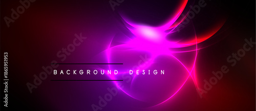 Bright abstract design. Vivid magenta, red hues radiate from central point. Dark background emphasizes glowing curves, lines. Text reads background design.