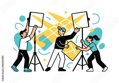 Light Panel Setup. Lighting prep. Crew members adjust giant light panels while glowing rays create a geometric glow pattern in the air. Modern flat-line