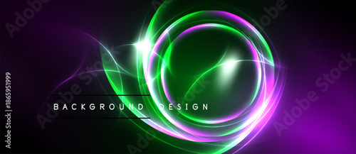 Abstract neon circles, vibrant purple, green hues. Dynamic light effects create futuristic background design. Smooth gradients, flowing lines.