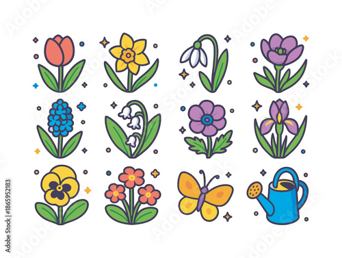 Spring Flower Collection. Spring flowers. Colorful isometric vector icons set of spring flowers: tulip, daffodil, snowdrop, crocus, hyacinth, lily of the