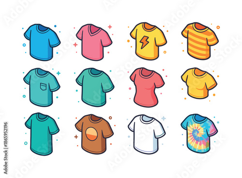 Colorful T-Shirt Icons. Casual T-shirts. Colorful isometric vector icons set of casual T-shirts: crew neck tee, V-neck tee, graphic tee, striped tee, pocket