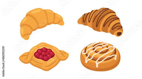 Assorted pastries including croissants and danishes with sweet toppings.