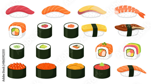 Assorted sushi rolls and nigiri illustrations on white background.
