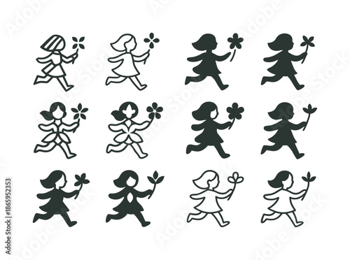Flower Girl Icons. Flower Girl. Icon set. Set Logo of Flower Girl: girl skipping with petals. harmonious logo variations of the same emblematic concept, each