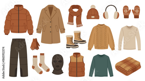 Assorted winter clothing and accessories collection.