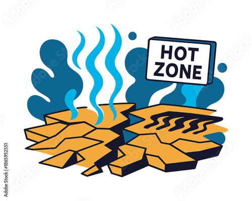 Geometric Hot Zone. Scorch Field. A stylized ground cracks into geometric fragments while heat lines rise like translucent ribbons. A minimal sign reading ?HOT