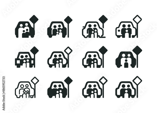 Family Road Trip Icons. Family road trips. Icon set. Set Logo of Family road trips: roadside sign. harmonious logo variations of the same emblematic concept,