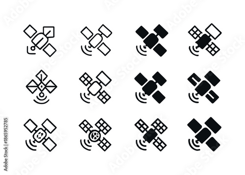 Astronomy Tech Emblems. Astronomy and technology integration. Icon set. Set Logo of Astronomy and technology integration: satellite. harmonious logo variations