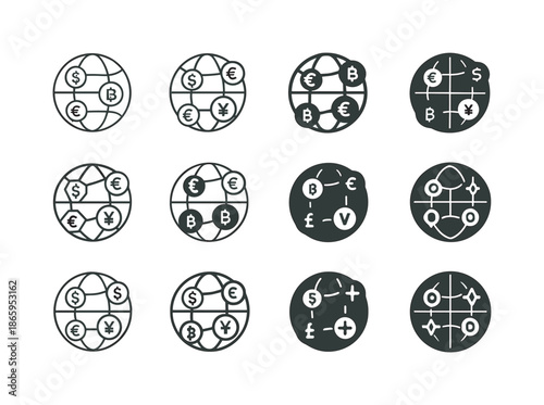 Fintech Logo Innovations. Fintech Innovation. Icon set. Set Logo of Fintech Innovation: globe with interconnected digital currency signs. harmonious logo
