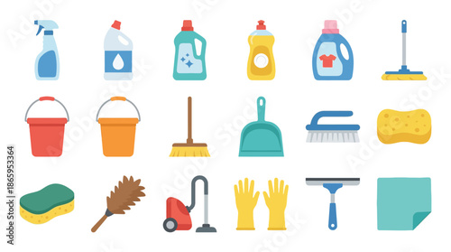 Collection of cleaning supplies and tools icons.