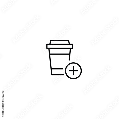 Takeaway coffee cup and plus symbol. Adding drinks to order, new menu positions. Pixel perfect, editable stroke vector icon