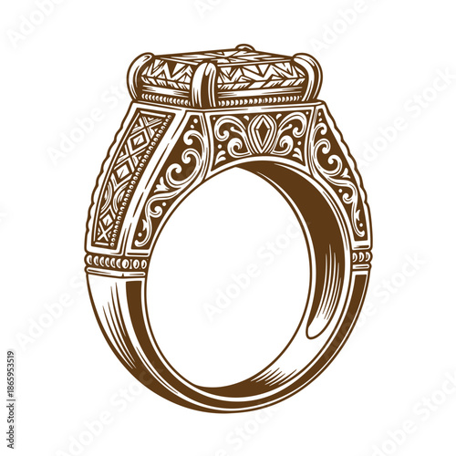 Intricately designed ring with ornate patterns and engravings on a band  showcasing detailed craftsmanship