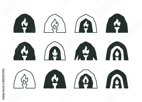 Cave Icon Variations. Cave. Icon set. Set Logo of Cave: torch in darkness. harmonious logo variations of the same emblematic concept, each with different