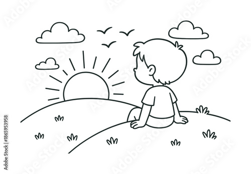 Sunset Coloring Page. Sunset on a hill children?s coloring book illustration, outlined drawing, cartoon child watching a sunset from a hilltop with birds