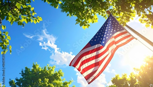 American Flag Waving Proudly in the Bright Sunlight with Blue Sky and Green Trees.