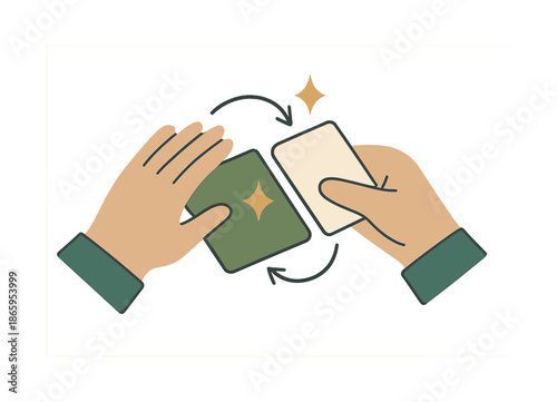 Crafting with Creativity. Working on a craft project. Hands guide materials together, subtle motion curves showing careful assembly. Tiny spark icons indicate