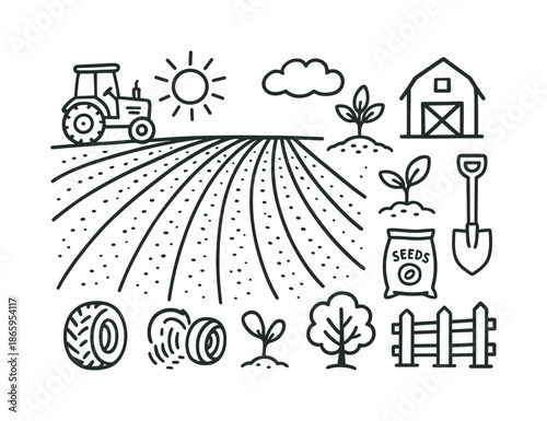 Plowed Field Icons. Plowed field. Hand-drawn doodle illustration plowed field furrow lines, tractor, soil texture, shovel, sprout, wheel tracks, sun, cloud,