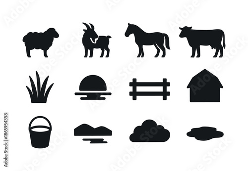 Evening Pasture Icons. Evening pasture. Solid icon set of Evening pasture: sheep, goat, horse, cow, tall reed grass, slow-setting sun, low fence, barn shadow,