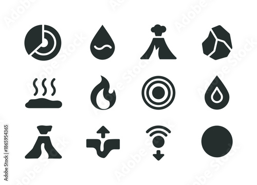 Earth Core Icons. Earth?s Core. Solid icon set of earth?s core: globe cross-section, magma, volcano, rock, heat wave, flame, layer, droplet, lava, plate,