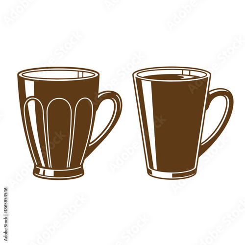 Two brown coffee cups with handles on white background  morning drink concept