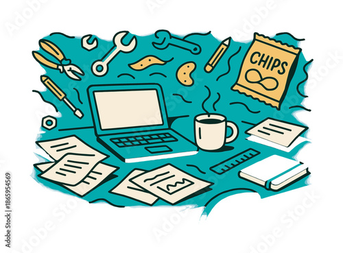 Floating Desk Chaos. Disorganized workspace ? end-of-day chaos. Tools, snacks, and papers float above a messy desk; soft curves show lingering fatigue. Modern
