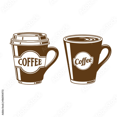 Two brown coffee cups with white labels and handles on white background
