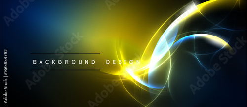 Abstract background features vibrant yellow, blue light curves. Modern design elements create dynamic visual impact. Smooth gradients enhance overall aesthetic.