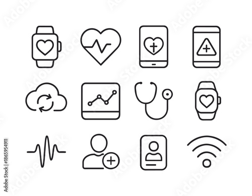 Digital Health Icons. Digital health. Line icon set of digital health: smartwatch, heart rate icon, health app, smartphone, medical alert, cloud sync, data