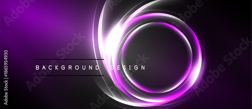 Abstract purple design features glowing circular elements. Dark background creates dramatic visual impact. Modern aesthetic.