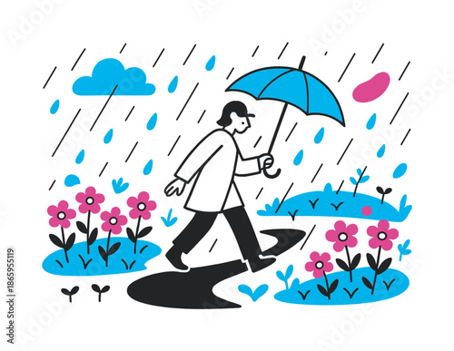 Spring Rain Walk. Spring Rain Garden. Gentle abstract rain falls onto flower beds and soft grass with floating droplets and tiny sprouts peeking up. A figure