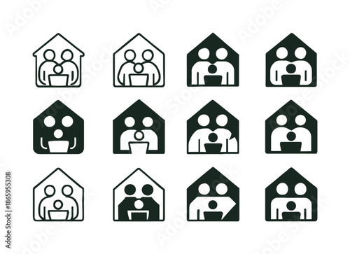 Home Education Logos. Home education and the role of parents in teaching. Icon set. Set Logo of Home education and the role of parents in teaching: laptop