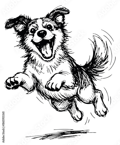 Hand drawn line art illustration of a happy puppy depicting jumping and playing for pet and animal themes