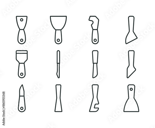 Sharp Tool Icons. Sharp tools. Line icon set of Sharp tools: putty knife, paint scraper, gasket scraper, caulk removal tool, blade scraper, precision spatula,