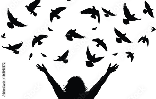 Silhouette of person raising arms with flying birds symbolizing freedom, peace, release, nature connection, emotional liberation, and spiritual awakening