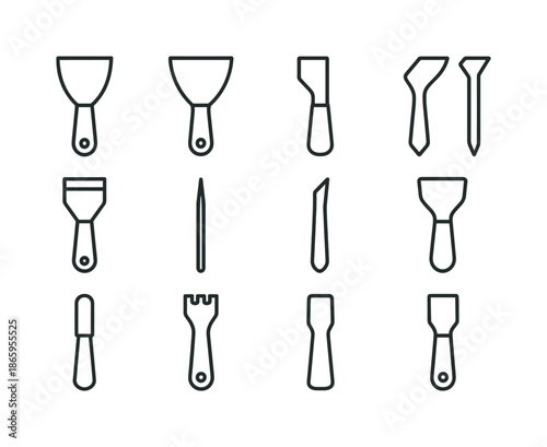 Sharp Tool Icons. Sharp tools. Line icon set of Sharp tools: putty knife, paint scraper, gasket scraper, caulk removal tool, blade scraper, precision spatula,