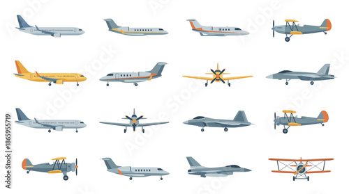 Collection of various airplanes and aircraft in different designs and models.