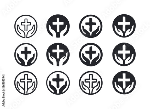 Catholic Mission Icons. Catholic mission work. Icon set. Set Logo of Catholic mission work: cross in helping circle. harmonious logo variations of the same