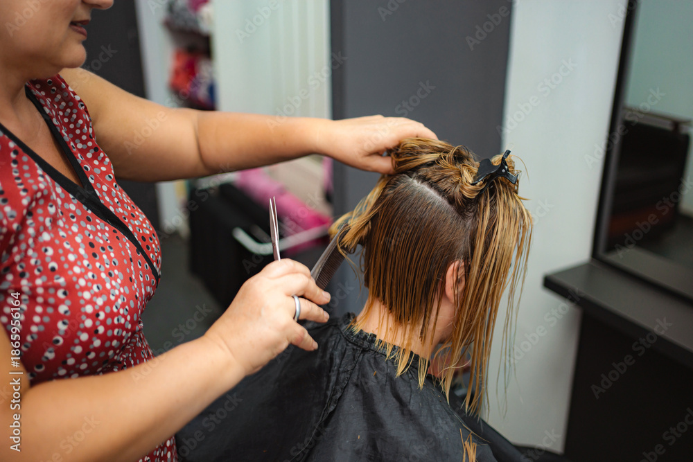 Fototapeta premium Hair stylist giving bob haircut to woman in salon