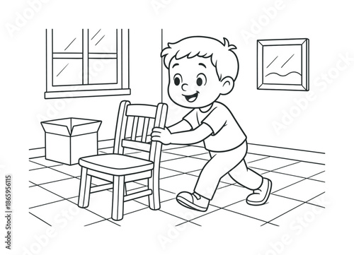 Child's Room Makeover. Rearranging furniture children?s coloring book illustration, outlined drawing, happy cartoon child pushing a chair in a