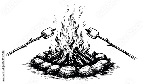 Hand drawn line art illustration of a campfire with marshmallows depicting roasting over flames for outdoor camping and leisure